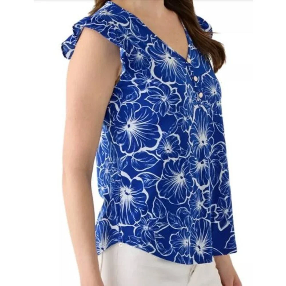 AK Anne Klein Blue Floral Blouse Short Sleeve V-Neck Ruffled Cap Size L - Picture 3 of 6